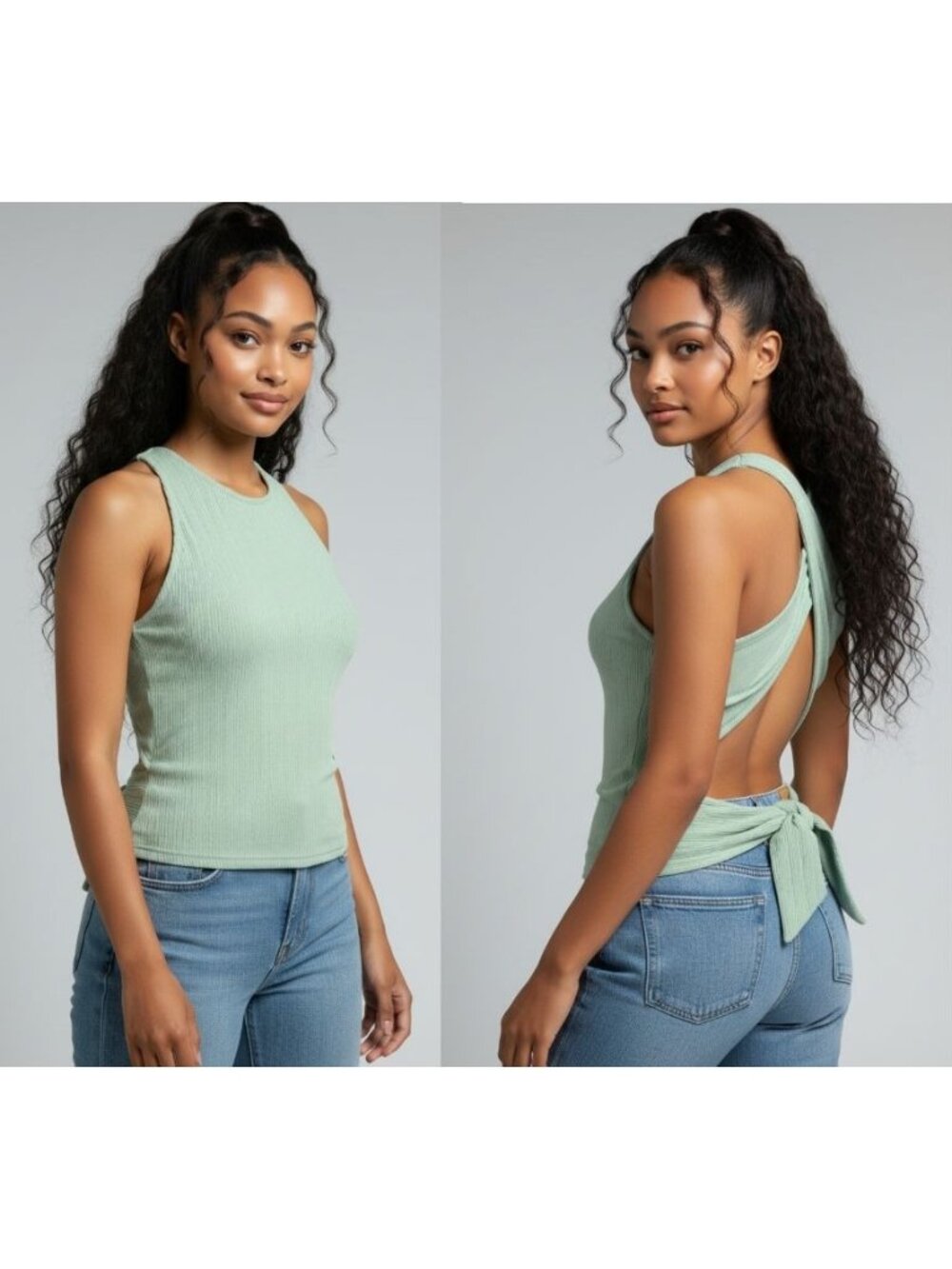 LUSH Junior’s Ribbed Sleeveless Wrap Tie Back Top, Mint Green, Sz. S